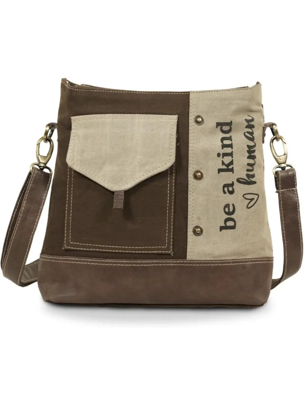 Upcycled Vintage Canvas & Leather Messenger Shoulder Bag - Eco-Friendly Fashion